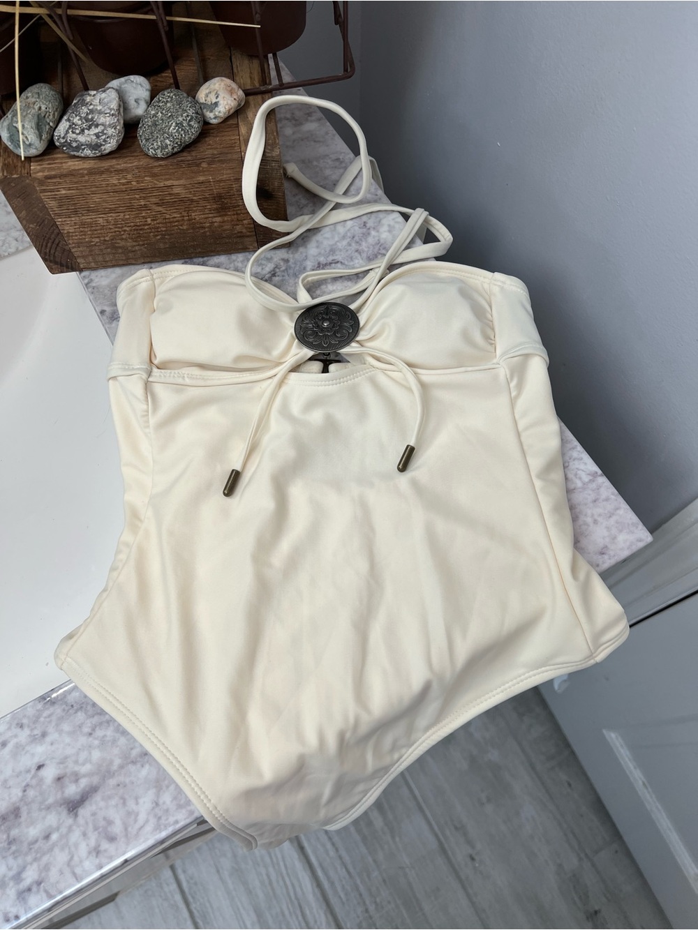 Cream One-Piece Swimsuit with Decorative Tie